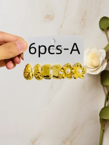 3/9 Pairs Gold-Tone Hair Clips Set | Teardrop/Floral/Geometric Design, Creating Luxurious Metal Earring Sets - Gold - View 8