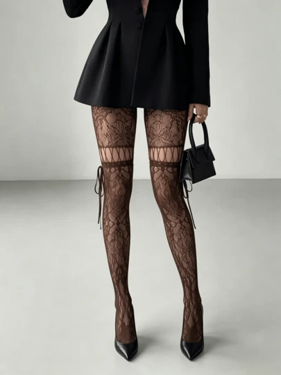 1 Pair Brown Hollow Lace Thigh High Socks, Bow Sheer Mesh Stockings, Elastic See-Through Tights For Women
