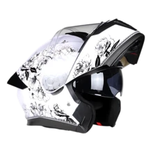 Floral Hand-Painted Matte Black & White Motorcycle Helmet, Unisex All-Season Riding Safety Helmet With Dual Visors - Unveiling the Helmet With Flowers - View 7