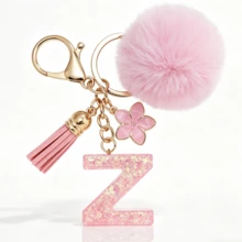 A-Z Fluffy Pom Pom Keychain, Fashionable Bag Charm & Key Ring, Holiday Bag Accessory, Perfect Gift For Valentine's Day/Birthday/New Year - Pink - View 21