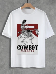 Men's Skeleton Graphic &Amp; Letter Print Round Neck Tee, Loose Casual Short Sleeve T-Shirt For Daily Wear, Men's Top For All Seasons, Graphic Tees, Western Clothing, Vintage Graphic Tees, Mens Clothing - White - View 1