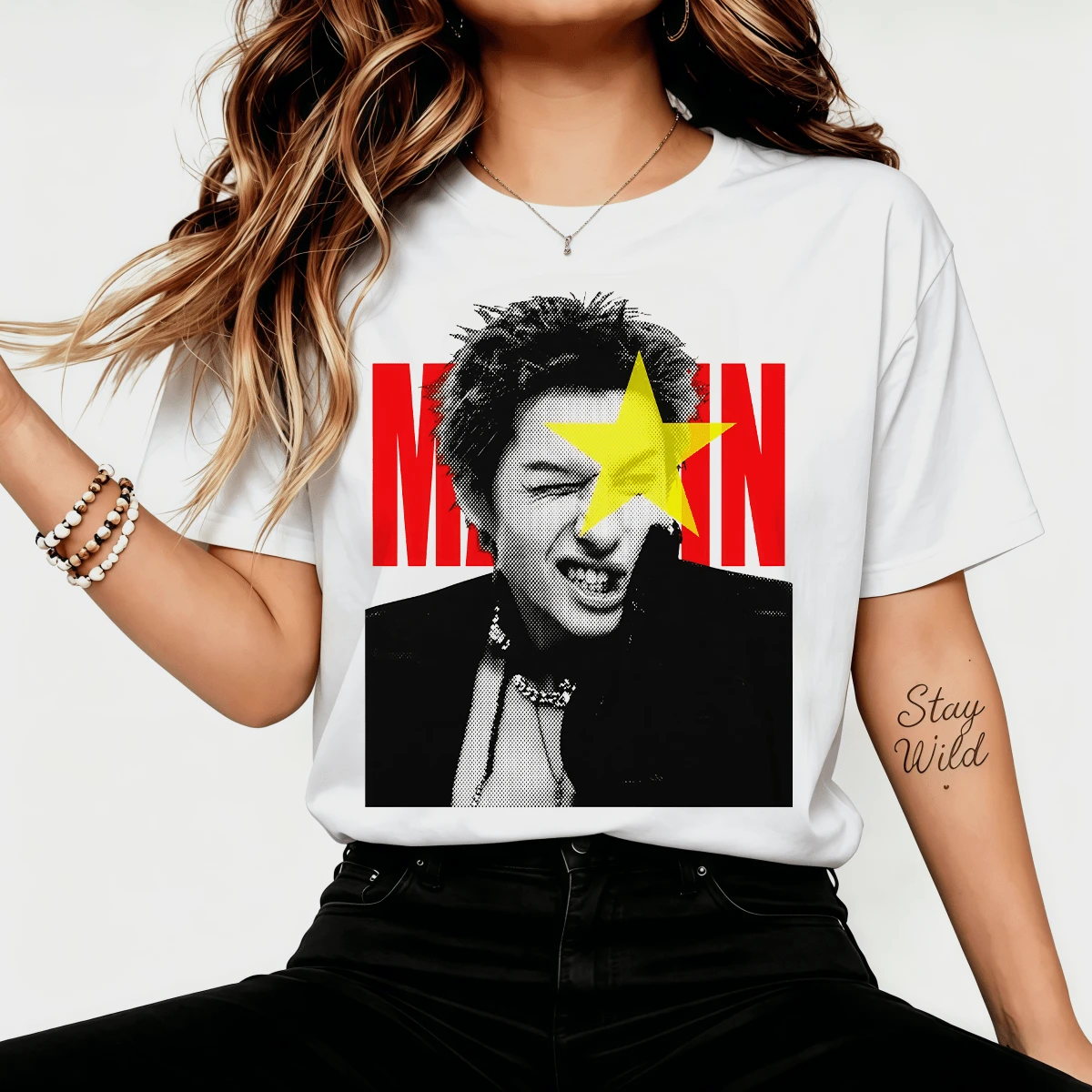 Cortiss Yellow Star Halftone Pop Art Retro Graphic T-Shirt, Rock Music Casual Cotton T-Shirt For Fans - White - View 1