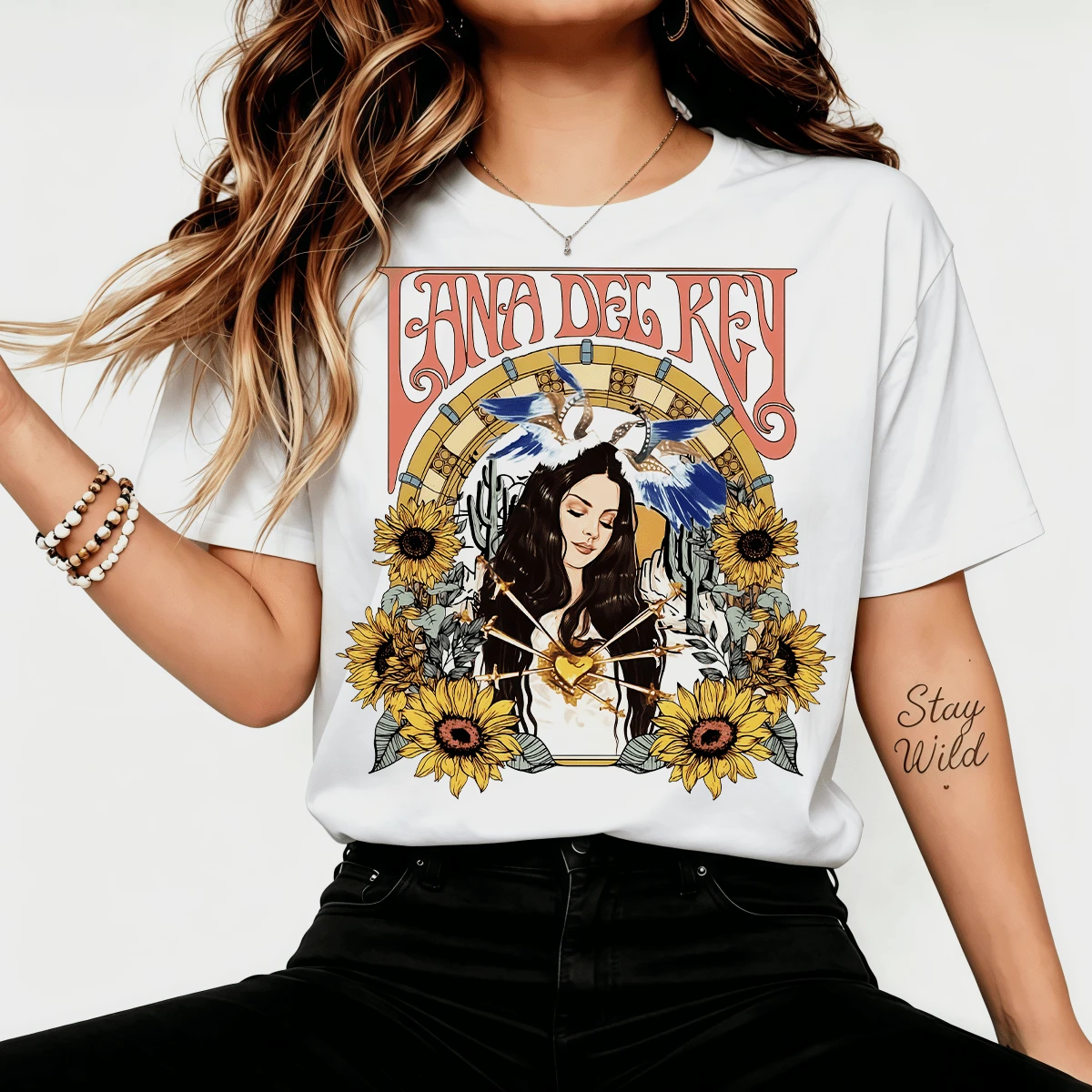 Lanaa Del Reyy Sunflower Art Nouveau Vintage Graphic T-Shirt, Pop Casual Cotton T-Shirt For Fans - White - View 1