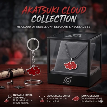 2pcs/Set Naruto Akatsuki Red Cloud Enamel Pendant Necklace & Keychain, Anime Cosplay Accessories For Men Women