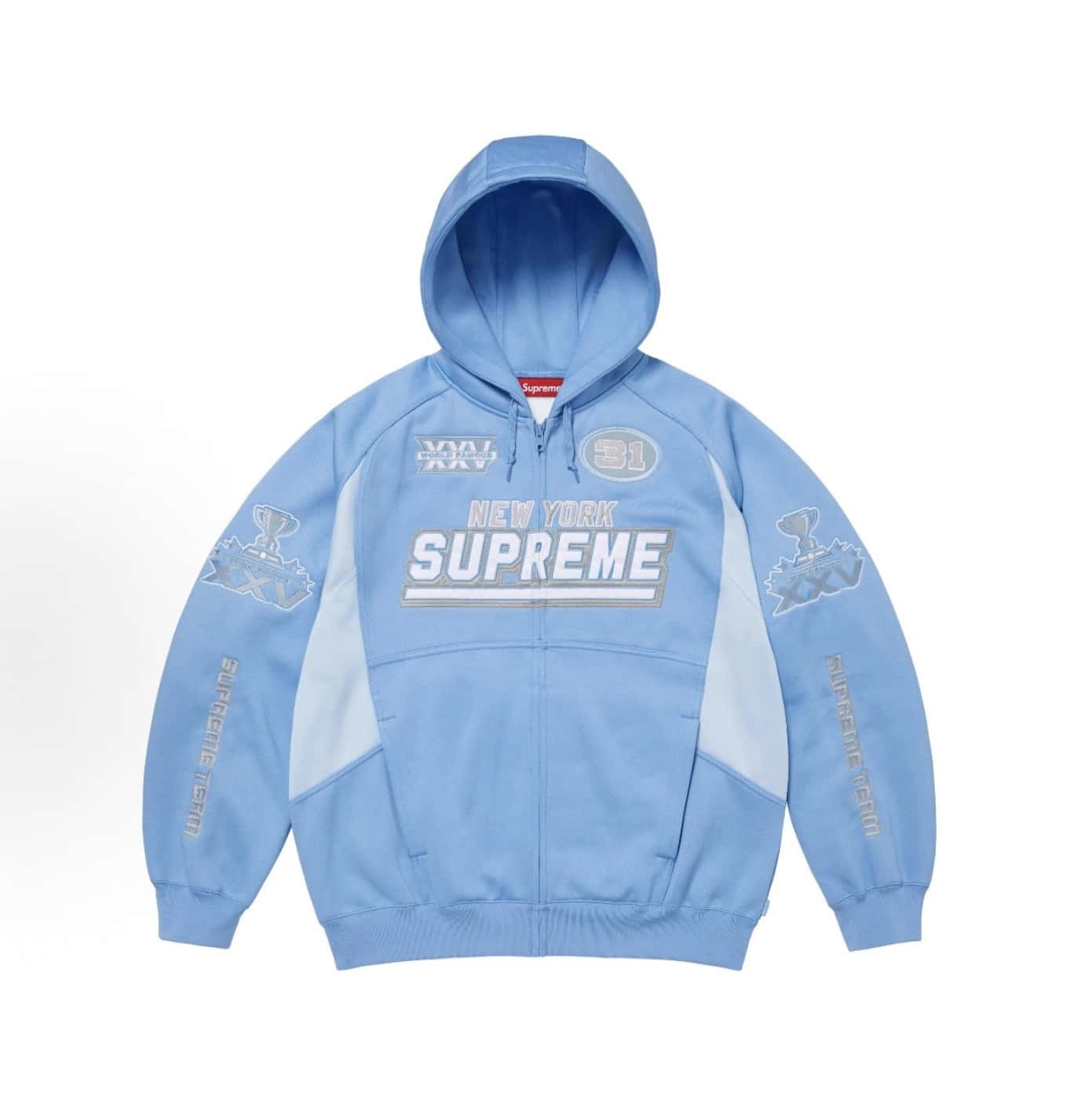 Supreme FW25 Football Zip Up Hooded Sweatshirt | Premium Heavyweight Fleece | Signature Football Graphic | Athletic-Inspired Streetwear | Elevated Zip Hoodie Essential - Light Blue - 查看 1