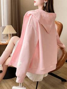 Áo khoác nỉ có mũ dành cho nữ, in hình ngôi sao, chất liệu polyester, có thể giặt máy, khóa kéo phía trước và có túi, ấm áp, phong cách thể thao đường phố năng động, thích hợp cho leo núi, hoạt động ngoài trời, mùa thu/đông/xuân, màu hồng thể thao. - Hồng - Xem 2