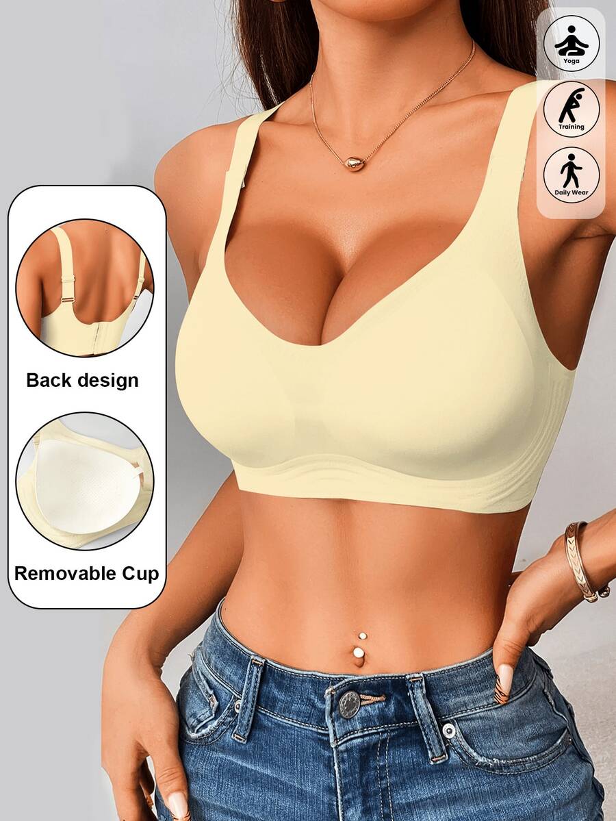 Yoga Basic 1pc Women's Removable Padded Seamless Sports Bra For Summer, With Lift Support - Yellow - View 1