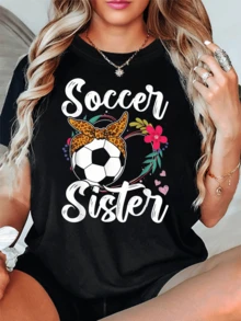 Balón de fútbol con lazo animal print rodeado de flores coloridas que simbolizan energía femenina y pasión por el deporte camiseta de mujer casual para amantes del fútbol - Negro - Ver 1