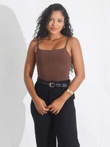 Kit 3 Women's Bodysuit Thin Strap Square Neckline Casual Suplex Double Lining Basic - 裸色/巧克力色/黑色 - 查看 8