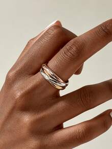 1pc Fashionable Creative Women's Stainless Steel Triple Circle Tri-Color Ring, Rotating Mobius Ring, Anti-Anxiety Jewelry - Multicolor - View 2