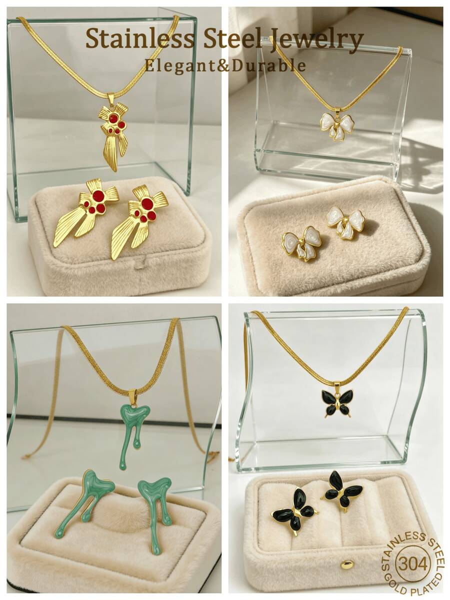 1/4 Set Fashion Necklace And Earrings Set, 304 Stainless Steel Fashion Enamel Jewelry Gift, High-End Hypoallergenic Non-Fading, Fresh, Vintage, Minimalist, Perfect For Summer Style, Commuting, Dating, Party And Other Occasions, Easily Enhance Outfit Sophistication, Perfect Birthday Gift, Ideal Gift - Multicolor - View 1