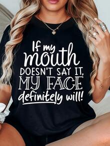 Camiseta deportiva casual para mujer con texto en cursiva blanca - Camiseta negra elástica de cuello redondo, lavable aáquina, de ajuste cómodo para todas las estaciones. Prenda de ocio con diseño minimalista y tejido opaco que no transparenta. - Negro - Ver 6