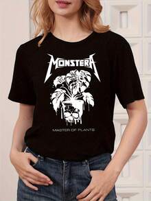 Hoja de monstera que simboliza la fuerza salvaje de la naturaleza con gotas que parecen fusionar vida y misterio coronada por una calavera que refleja el poder oculto de las plantas camiseta de mujer moderna casual elegante y cómoda - Negro - Ver 6
