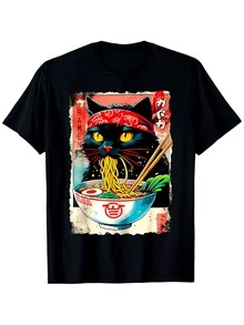 Men's Printed T-Shirt, Design Of A Black Cat With A Red Bandana On Its Head Enjoying Noodles (From A Bowl), Women's Blouses, Blouses, Casual Blouses For Women, Informal Blouses For Women, Tops For Women, Tops, Unisex. - 黑色 - 查看 6