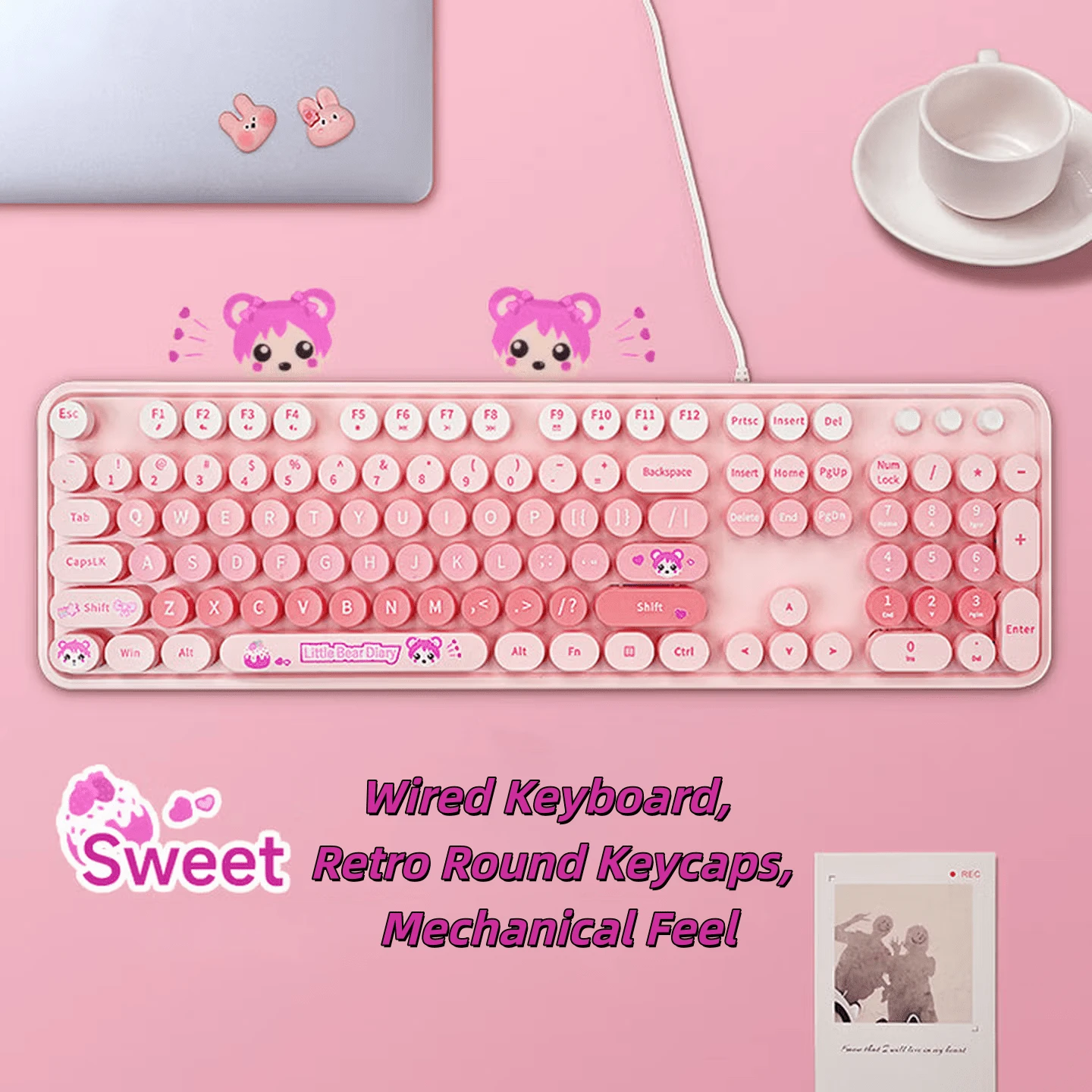 Teclado con cable MOFii Sweet de unicolor degradado, teclas redondas retro, conexión estable, plug and play sin controlador, teclas de acceso rápido multimedia integradas, adecuado para oficina, diseño de teclado completo de 104 teclas, compatible con computadoras de escritorio y portátiles
