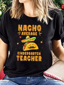 Taco sonriente con sombrero mexicano que celebra la alegría del aprendizaje y la cultura con un toque divertido ideal para maestras cariñosas camiseta de mujer casual divertida - Negro - Ver 1