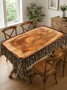 Tree Stump & Annual Rings Printed Waterproof Tablecloth, Vintage Countryside Style Round/Square Dining Table Cover, Outdoor Garden Party Wedding Decor Oil & Dust Proof Tabletop Cloth - Brown - View 2