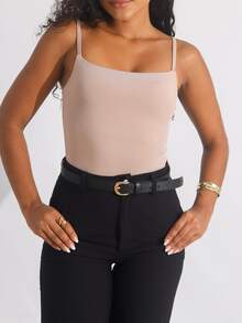 Kit 3 Women's Bodysuit Thin Strap Square Neckline Casual Suplex Double Lining Basic - 裸色/巧克力色/黑色 - 查看 3