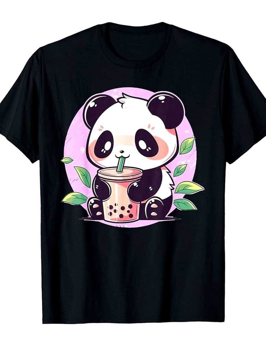 Adorable y divertido panda de anime disfrutando de un té de burbujas, perfecto para adolescentes.Camiseta Casual de Corte Holgado Hecha de 100%, Disponible en Tallas 1-5X |   Diseño exquisito |   Suelto y cómodo |   Fácil de combinar | - Negro - Ver 1