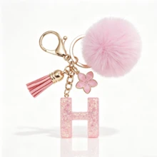 A-Z Fluffy Pom Pom Keychain, Fashionable Bag Charm & Key Ring, Holiday Bag Accessory, Perfect Gift For Valentine's Day/Birthday/New Year - Pink - View 35