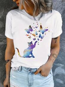 Colorful Cat Plays With Butterflies That Symbolize Freedom, Transformation, And Joy, Inspiring An Artistic Connection With Nature. Women's Casual, Modern, Comfortable T-Shirt For Everyday Wear. - 白色 - 查看 8