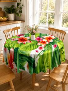 1 pieza Mantel de poliéster con estampado de hoja de palma tropical y plumeria, adecuado para cocina, comedor, jardín exterior, patio, boda, fiesta, reunión con tema hawaiano y decoración del hogar de verano - Verde - Ver 5