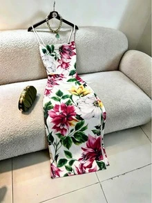 Elegante vestido de mujer con estampado floral, elástico, halter, sin espalda, para fiesta, blanco, de verano - Blanco - Ver 1