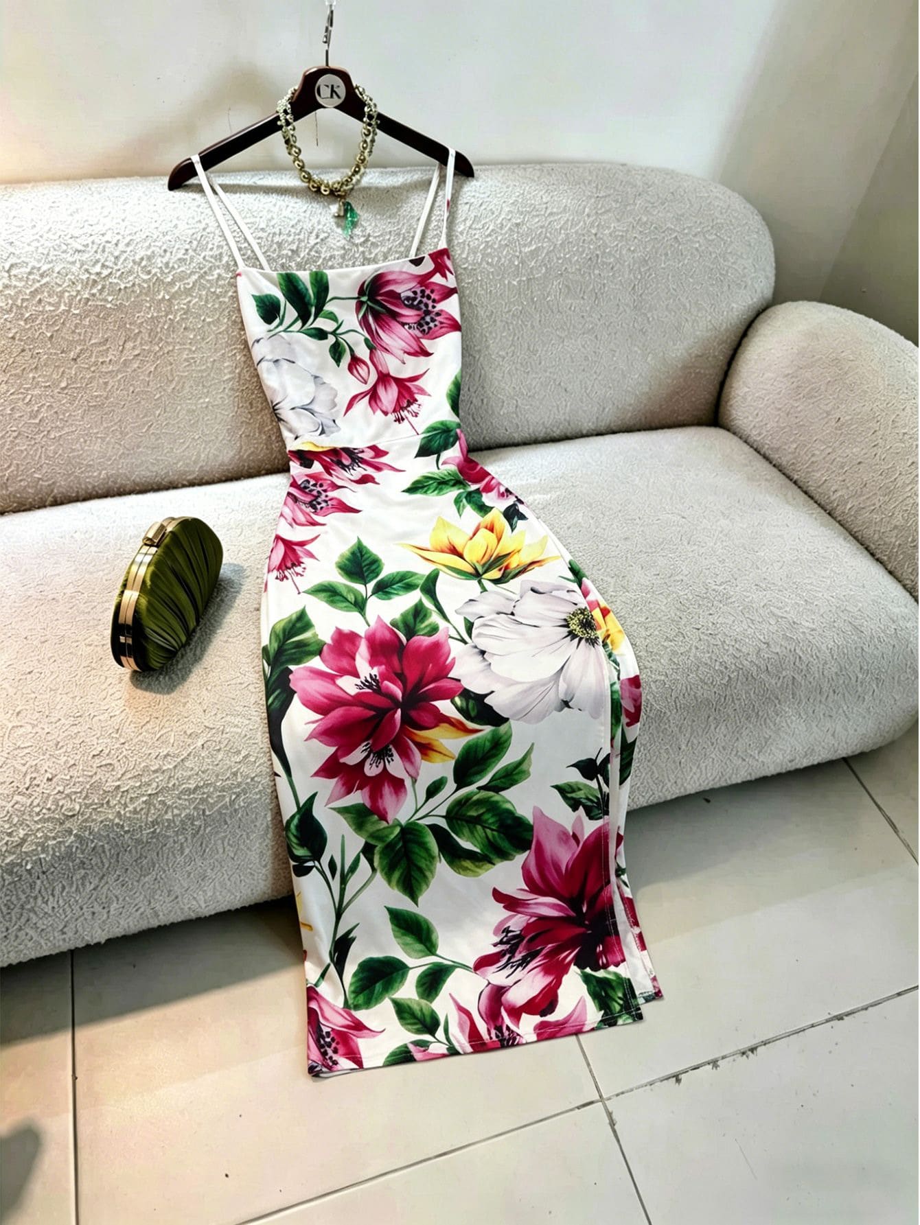 Elegante vestido de mujer con estampado floral, elástico, halter, sin espalda, para fiesta, blanco, de verano - Blanco - Ver 1