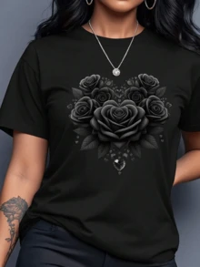 Dark Roses Symbolizing Mystery, Love, Inner Strength, And A Bright Heart Reflecting Elegance And Spiritual Depth. A Modern And Comfortable Women's T-Shirt For Everyday Wear. - Black - View 1