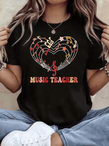 Corazón formado por notas musicales y estrellas que simbolizan la pasión por la enseñanza del arte sonoro y la alegría que surge al compartir melodías camiseta de mujer casual cómoda ideal para amantes de la música - Negro - Ver 6