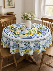 1 pieza Mantel de poliéster con estampado de limón mediterráneo e hortensia, patrón floral de azulejos azules italianos, opcional redondo/rectangular, adecuado para cocina, comedor, jardín exterior, patio, regalo de despedida de soltera y decoración del hogar de verano - Amarillo - Ver 6