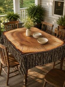 Tree Stump & Annual Rings Printed Waterproof Tablecloth, Vintage Countryside Style Round/Square Dining Table Cover, Outdoor Garden Party Wedding Decor Oil & Dust Proof Tabletop Cloth - Brown - View 10