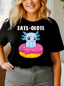Un pequeño ajolote azul sonriente sosteniendo una dona rosa con chispas de colores simboliza la alegría y la ternura mezcladas con un toque divertido camiseta de mujer casual moderna cómoda para uso diario - Negro - Ver 6