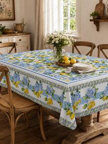 1 pieza Mantel de poliéster con estampado de limón mediterráneo e hortensia, patrón floral de azulejos azules italianos, opcional redondo/rectangular, adecuado para cocina, comedor, jardín exterior, patio, regalo de despedida de soltera y decoración del hogar de verano - Amarillo - Ver 7