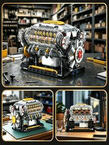 703片创意超级赛车VB引擎积木玩具，V8引擎模型组装玩具，V8迷你DIY引擎模型玩具，成人STEM组装项目，物理科学教育玩具，桌面展示模型，生日礼物 - 彩色 - 查看 7