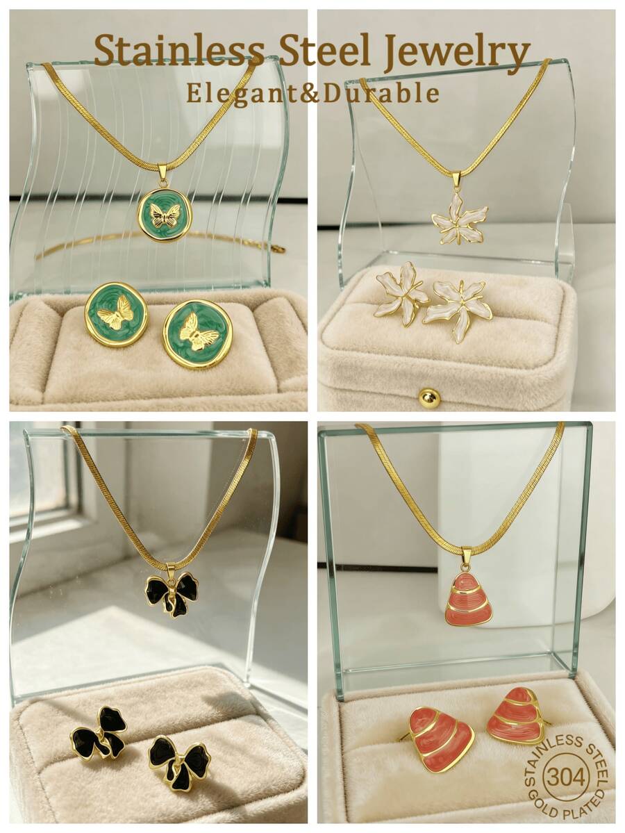 Bộ dây chuyền và bông tai bằng thép không gỉ mạ vàng 18K, mặt dây chuyền hình rắn cổ điển, không gây dị ứng và chống gỉ, thiết kế cổ điển phù hợp cho Ngày Valentine, đeo hàng ngày, đi làm, hẹn hò, dự tiệc. - Nhiều màu - Xem 1