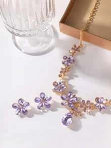 3pcs Women's Bridal Floral Necklace & Earrings Jewelry Set, Evening Gown Matching Jewelry, Wedding Accessories - Multicolor - View 7