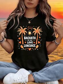 Dos palmeras doradas bajo un sol radiante con notas musicales corazones y maracas simbolizan la alegría tropical y la pasión por el baile bachata camiseta de mujer casual para verano cómoda y llamativa - Negro - Ver 6