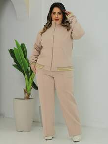 Plus Size Tracksuit Set With Lace Detail, Women's Winter Fashion. - 奶油色 - 查看 2