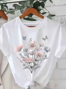 Flores suaves y mariposas delicadas que simbolizan libertad y armonía sobre un fondo oscuro transmitiendo calma y belleza natural camiseta de mujer casual moderna cómoda para uso diario - Blanco - Ver 8