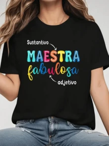 Frase divertida que celebra a las maestras con letras coloridas y mensaje positivo que exalta la enseñanza y la alegría camiseta de mujer casual para uso diario cómoda y moderna - Negro - Ver 6