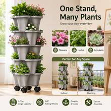 5-Tier Stackable Vertical Planter, Garden Flower Pot For Strawberry, Herb, Flower And Vegetable, Indoor Outdoor Gardening Pot With Removable Wheels And Tools - B - View 4