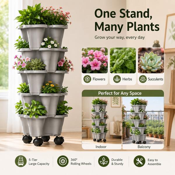 5-Tier Stackable Vertical Planter, Garden Flower Pot For Strawberry, Herb, Flower And Vegetable, Indoor Outdoor Gardening Pot With Removable Wheels And Tools