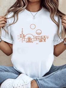 Futuristic Landscape Scene With Two Suns On The Horizon, Human Figures In Front Of A Domed House Symbolizing Hope And Exploration. Modern And Comfortable Casual Women's T-Shirt For Everyday Wear. - 白色 - 查看 8