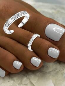 1pc Open Toe Ring, Cubic Zirconia Inlaid, Minimalist Women Holiday Beach Accessory, Can Be Worn As Toe Ring Or Bracelet, Low Allergy - Silver - View 1