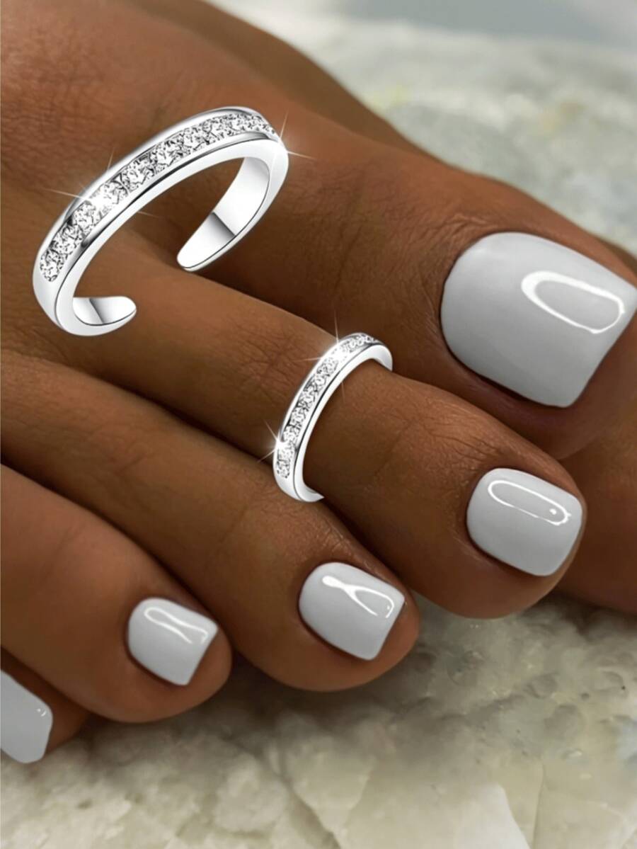 1pc Open Toe Ring, Cubic Zirconia Inlaid, Minimalist Women Holiday Beach Accessory, Can Be Worn As Toe Ring Or Bracelet, Low Allergy - Silver - View 1