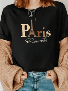 Golden Eiffel Tower With A Heart Symbolizing Eternal Love And The Romantic Spirit Of Paris, Reflecting Elegance And Enchanting Beauty. Modern Casual Women's T-Shirt - 黑色 - 查看 8