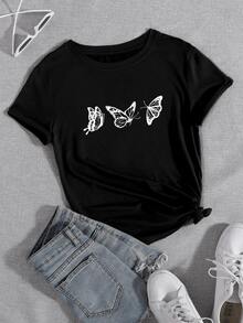 Three White Butterflies Represent Freedom, Transformation, And Beauty In Motion, Evoking A Connection With Nature And A Renewal Of The Spirit. A Modern, Casual Women's T-Shirt For Everyday Wear. - 黑色 - 查看 8
