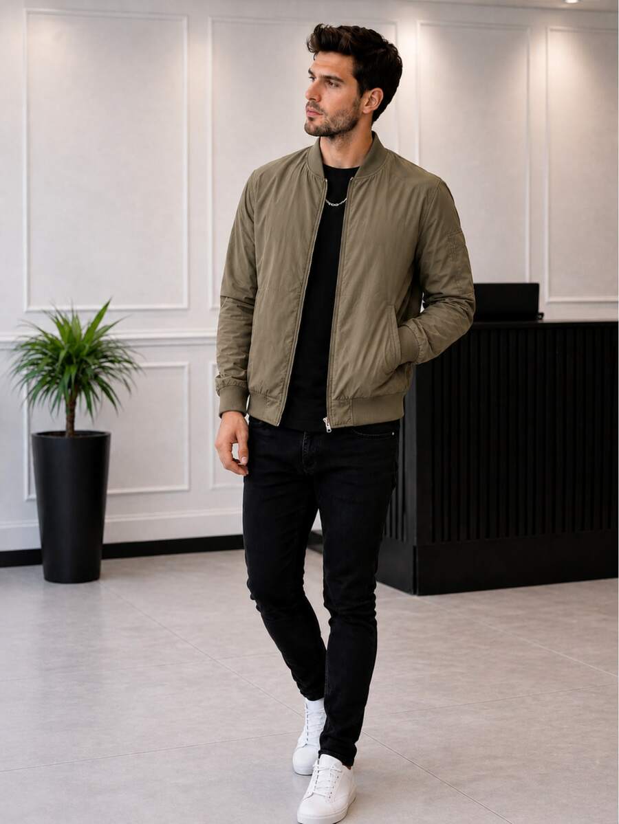 Modern Plain Casual Men's Bomber Jacket - Khaki - View 1
