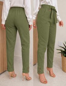 Women's Skinny Linen High-Waisted Trousers With Slash Pockets And Front Tie – Elegant Formal Style, Modern Tailoring, Chic Fitted Cut For Work, Events, And Sophisticated Casual Fashion Looks - 軍綠色 - 查看 1